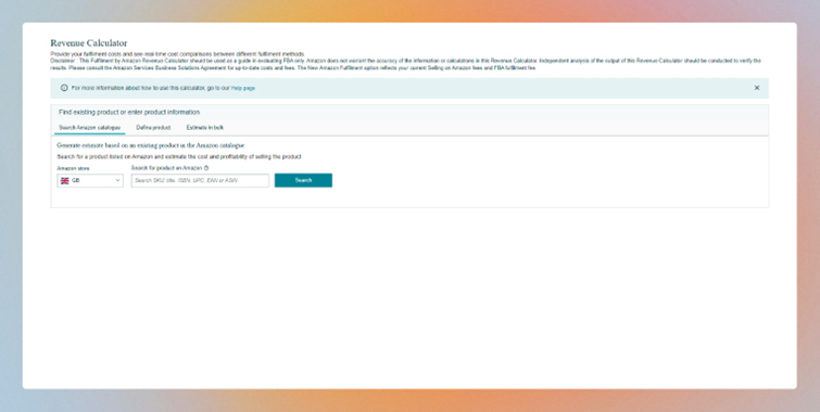 A screenshot of the Amazon Revenue Calculator homepage