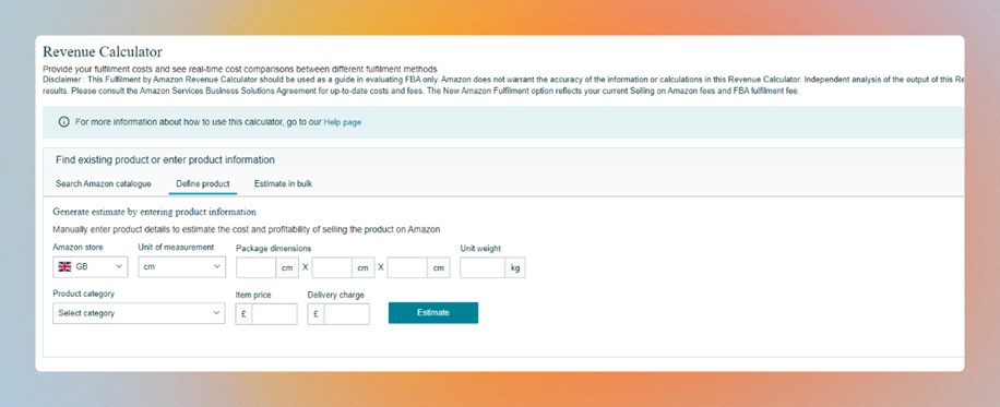 A screenshot of the Amazon Revenue Calculator where Sellers can add custom products.