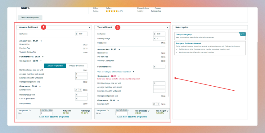 A screenshot of the Amazon Revenue Calculator showing Amazon Fulfilment and Your Fulfilment.